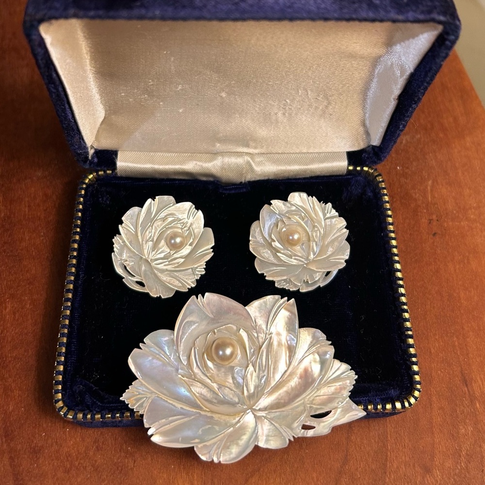 Estate Carved Mother of Pearl Brooch and Earrings Set